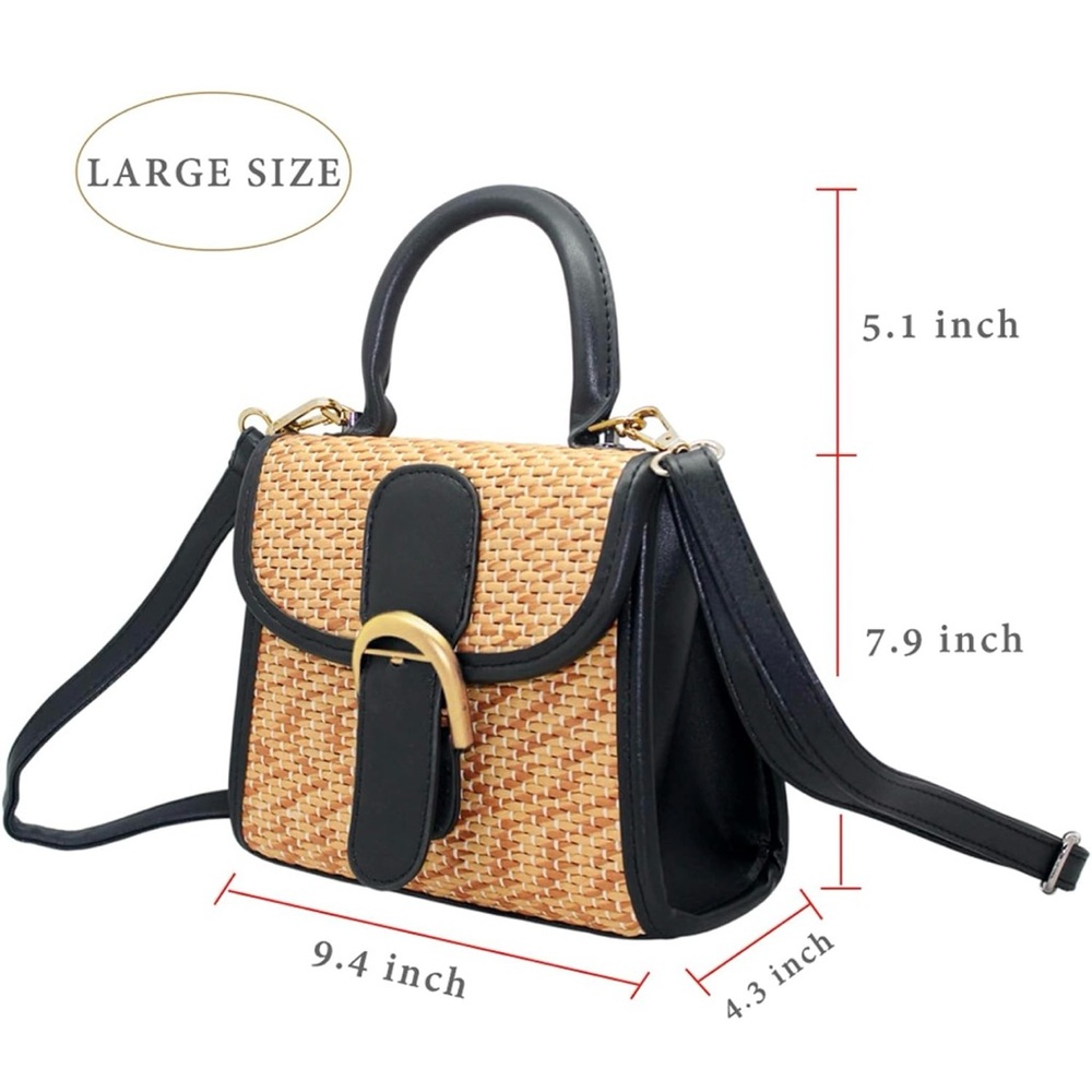 Chic Black and Straw Crossbody Bag with Adjustable Strap - Picture 3 of 7